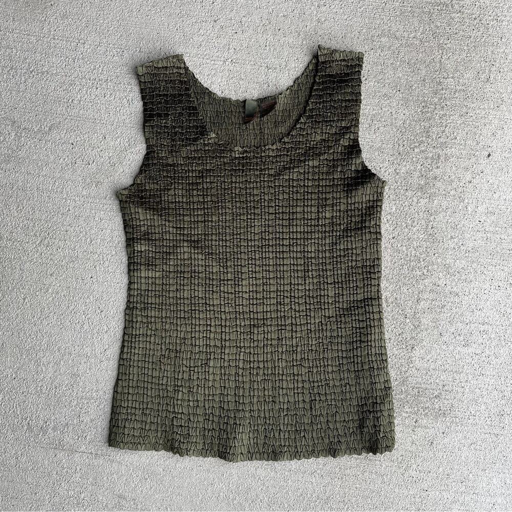 00s vintage y2k dark green satin plisse textured tank top size m medium